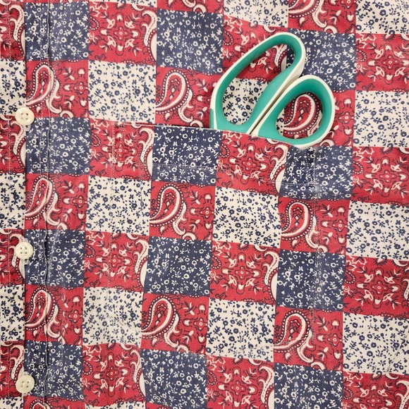 VTG Evergreen Shirtmakers Shirt Men L Red White‎ Blue Hipster Patriotic Paisley - Picture 9 of 12